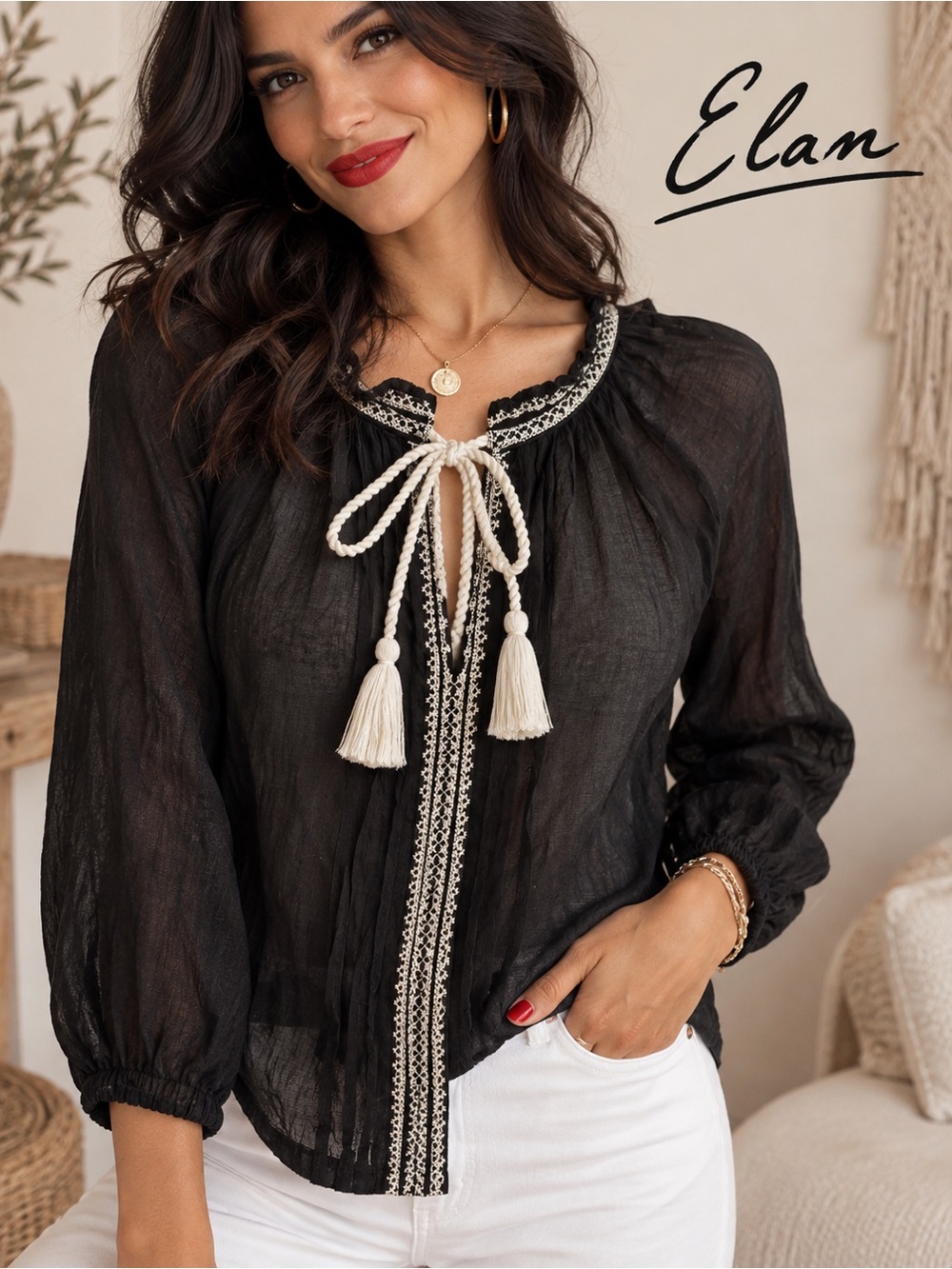 🌸 Black Peasant Embroidered Top with Tassel Trim Elan Size S 💯Cotton Boho Resort